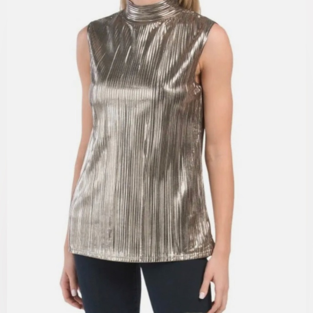NWT - Andrea Jovine Gold Metallic Sleeveless Mock-neck Top